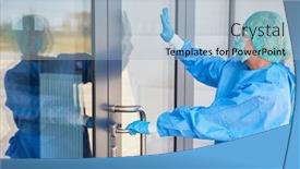  Presentation with employees - Cool new PPT theme with employees-in-protective-clothing backdrop and a light blue colored foreground