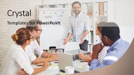  Presentation with employees - Slide set with employees listening to handsome teacher background and a lemonade colored foreground