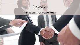  Presentation with employees - Theme featuring employees look at the handshake business partners background and a light gray colored foreground
