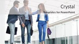  Presentation with company - Colorful slide deck enhanced with employees of the company greet backdrop and a  colored foreground