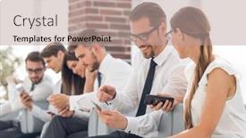  Presentation with smartphones - Cool new theme with employees of the company using their smartphones sitting in the office lobby backdrop and a coral colored foreground