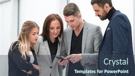  Presentation with sms - PPT theme enhanced with employees-reading-sms-messages background and a tawny brown colored foreground