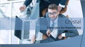  Presentation with employees - PPT theme enhanced with employees-sitting-at-the-desk background and a teal colored foreground