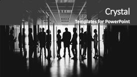  Presentation with employees - Audience pleasing PPT theme consisting of employees talking in corridor of business center backdrop and a dark gray colored foreground