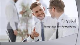  Presentation with employees - Audience pleasing slides consisting of employees talking in the workplace backdrop and a  colored foreground