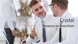  Presentation with two people talking - Cool new slides with employees talking in the workplace backdrop and a  colored foreground