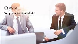  Presentation with lobby - PPT theme featuring employees talking sitting the lobby of the office background and a sky blue colored foreground