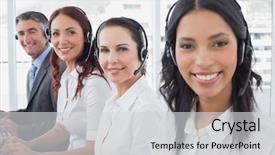  Presentation with computers - Amazing theme having employees typing on their computers using headsets backdrop and a light gray colored foreground