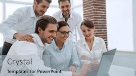  Presentation with employees - Cool new PPT theme with employees use a laptop to check new data backdrop and a light blue colored foreground