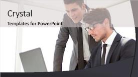  Presentation with information - Audience pleasing presentation theme consisting of employees use a laptop backdrop and a  colored foreground