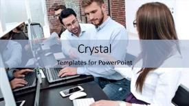  Presentation with computers - Colorful PPT theme enhanced with employees use computers to work backdrop and a  colored foreground