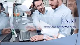  Presentation with computers - Cool new PPT theme with employees use computers to work backdrop and a light blue colored foreground