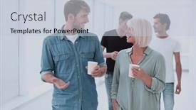  Presentation with employees - Slide set having employees-with-coffee-glasses-passing background and a lemonade colored foreground