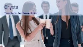  Presentation with employees - Presentation consisting of employees with cups of coffee discussing something during a work break background and a light blue colored foreground