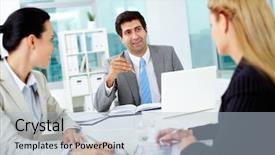  Presentation with cost saving ideas - Colorful slide deck enhanced with employees working happy - confident businessman explaining his ideas backdrop and a  colored foreground