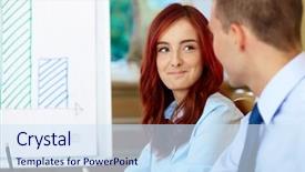  Presentation with farewell party for colleague - Colorful slide set enhanced with employees working happy - surprised redhead businesswoman looks backdrop and a  colored foreground