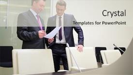  Presentation with conference table - PPT theme with employees working happy - two businessmen standing background and a  colored foreground