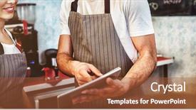  Presentation with using digital tablet - PPT theme having retail housing - happy co-workers using digital tablet background and a red colored foreground