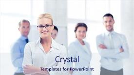  Presentation with buddhas picture - Theme with picture of smiling attractive businesswoman in office background and a sky blue colored foreground