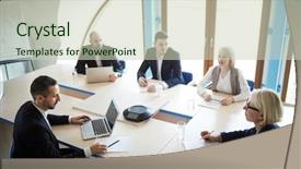  Presentation with mature female surgeon - Slides with employer in formalwear interviewing one background and a  colored foreground