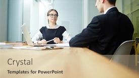  Presentation with skills - PPT theme enhanced with employer-talking-to-young-applicant background and a lemonade colored foreground