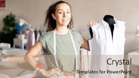  Presentation with self analysis - PPT theme having employment - happy successful self-employed seamstress standing background and a coral colored foreground