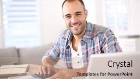  Presentation with cyber stalking computer laptop suffering - PPT theme with employment - man working on laptop computer background and a mint green colored foreground