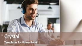  Presentation with call center - Slides consisting of employment - photo of young worker man background and a coral colored foreground