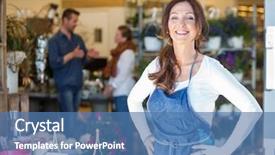  Presentation with customers - Beautiful PPT theme featuring employment - portrait of smiling female owner backdrop and a teal colored foreground