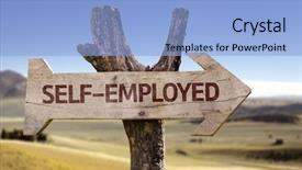  Presentation with self - Presentation theme featuring employment - self-employed wooden sign background and a light blue colored foreground