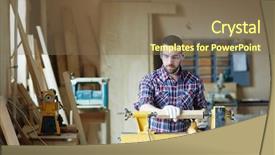  Presentation with woodworking - Cool new presentation theme with employment - young carpenter processing wooden plank backdrop and a violet colored foreground