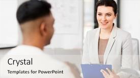  Presentation with job interview - Cool new presentation theme with employment concept - smiling female employer backdrop and a white colored foreground