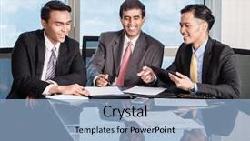  Presentation with conference - Amazing PPT theme having employment economy - three asian businessmen in conference backdrop and a  colored foreground