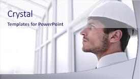  Presentation with architect - Cool new theme with employment protection - architect in protective helmet standing backdrop and a  colored foreground