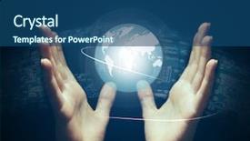  Presentation with holographic - Colorful PPT theme enhanced with empower - hands with holographic projection future backdrop and a ocean colored foreground