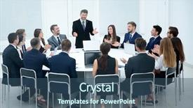  Presentation with discussion - PPT theme featuring training leader - business people meeting conference discussion background and a ocean colored foreground