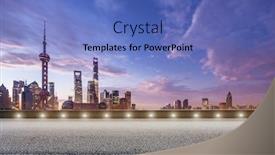  Presentation with dawn - Presentation design consisting of empty asphalt road and cityscape in colorful sky at dawn background and a teal colored foreground