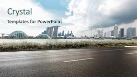  Presentation with asphalt road - Theme consisting of empty asphalt road and cityscape background and a sky blue colored foreground