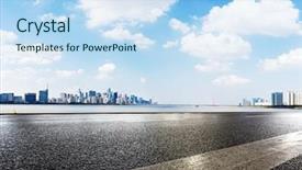  Presentation with asphalt road - Amazing slide deck having empty asphalt road and cityscape backdrop and a sky blue colored foreground