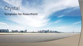  Presentation with asphalt - Presentation theme having empty asphalt road and cityscape of hangzhou qianjiang new city in blue cloud sky background and a light blue colored foreground