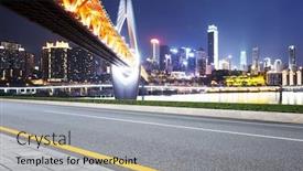  Presentation with suspension bridge - Theme having empty asphalt road and suspension bridge and cityscape of chongqing at night background and a light gray colored foreground