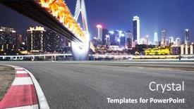  Presentation with suspension bridge - Slides with empty asphalt road and suspension bridge and cityscape of chongqing at night background and a gray colored foreground