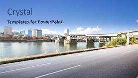  Presentation with asphalt road - Amazing presentation theme having empty asphalt road near water with cityscape and skyline in portland backdrop and a light blue colored foreground