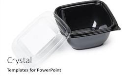  Presentation with plastic container - Cool new PPT theme with empty-black-plastic-disposable-take backdrop and a white colored foreground