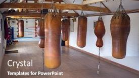  Presentation with leather bags - Beautiful PPT layouts featuring empty-boxing-training-gym backdrop and a violet colored foreground