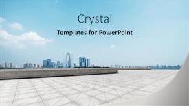  Presentation with brick - Cool new PPT layouts with empty brick floor and cityscape of modern city near water backdrop and a light blue colored foreground