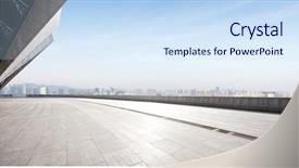  Presentation with empty stage blue curtain - Presentation theme enhanced with empty brick floor and cityscape background and a sky blue colored foreground