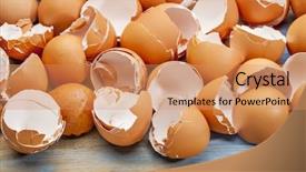  Presentation with eggshell - Presentation theme consisting of empty broken eggshells against wooden background and a coral colored foreground