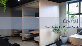  Presentation with cafeteria - Cool new PPT layouts with empty-cafeteria-in-creative-office backdrop and a light blue colored foreground