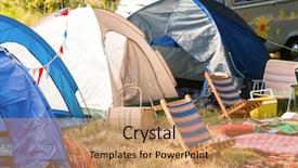 Presentation with campsite - Slide deck featuring empty campsite at music festival background and a coral colored foreground